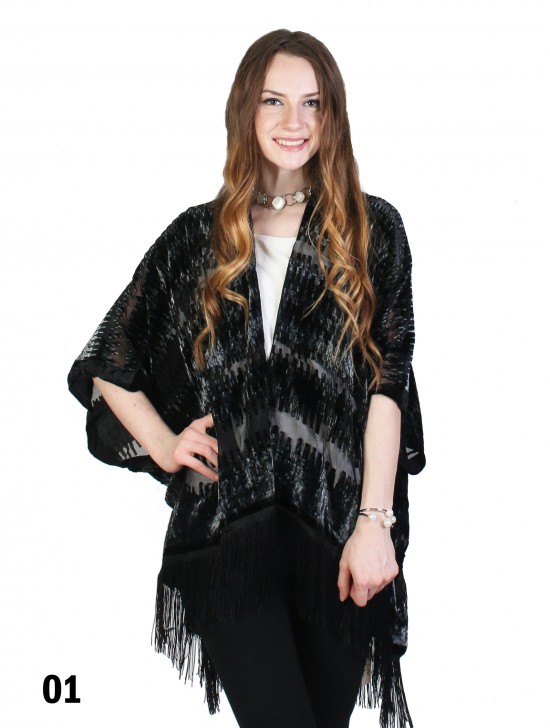 Sheer Velvet Ink Print Cape W/ Fringes